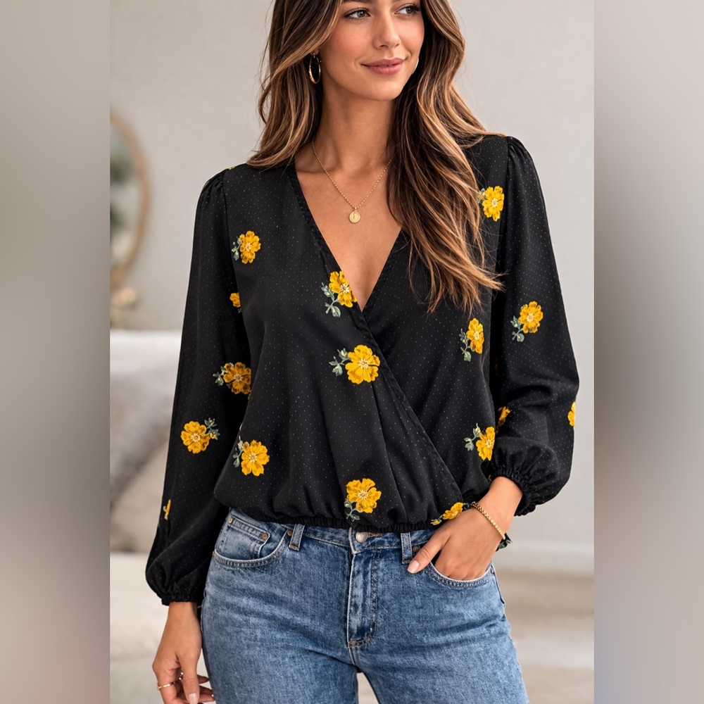 Madewell Black Floral Wrap Blouse Long Sleeve Faux Wrap XS